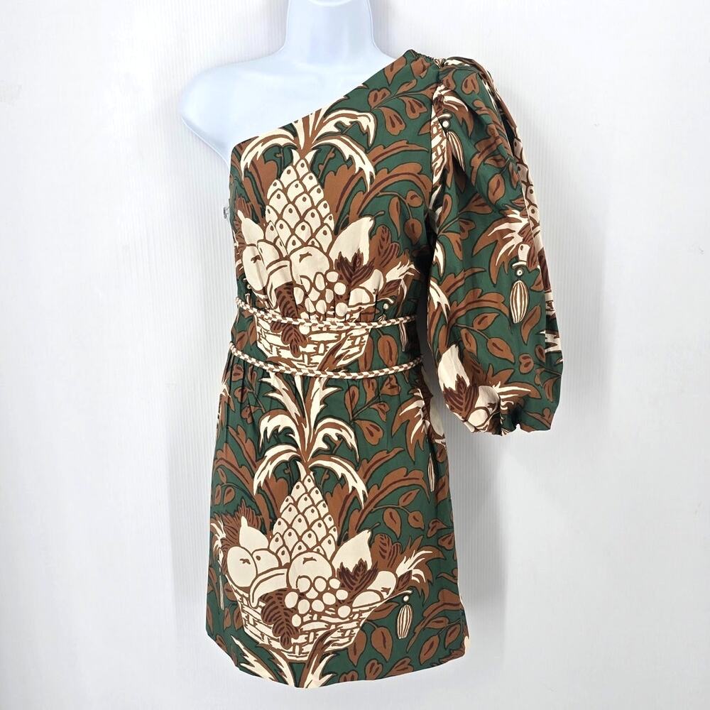 Cara Cara Danielle One Shoulder Mini Dress Green Fruit Basket Puff Sleeve Cotton